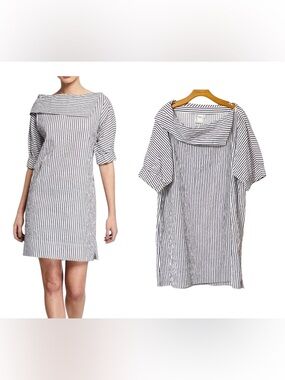 Finley Striped Boatneck Spectator Portrait Collar Textured Stripe Shift Dress